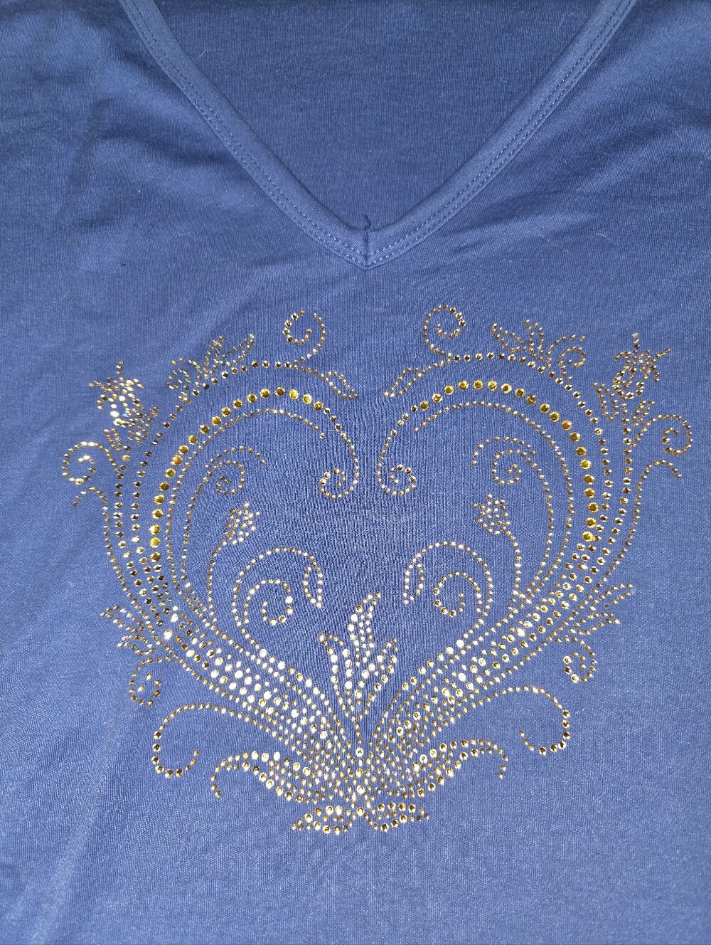 Women's Blue V-Neck Top with Gold Stud Heart Detail XL